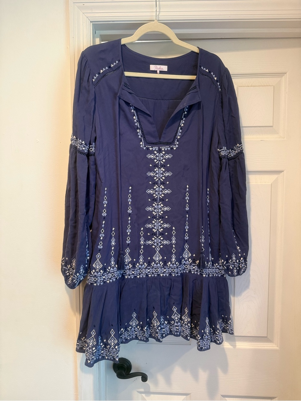 Parker Navy Blue Long Sleeve Embroidered Dress
